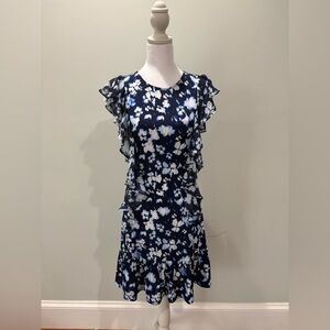Michael Kors Floral Ruffle Sleeve Dress - Blue and White
